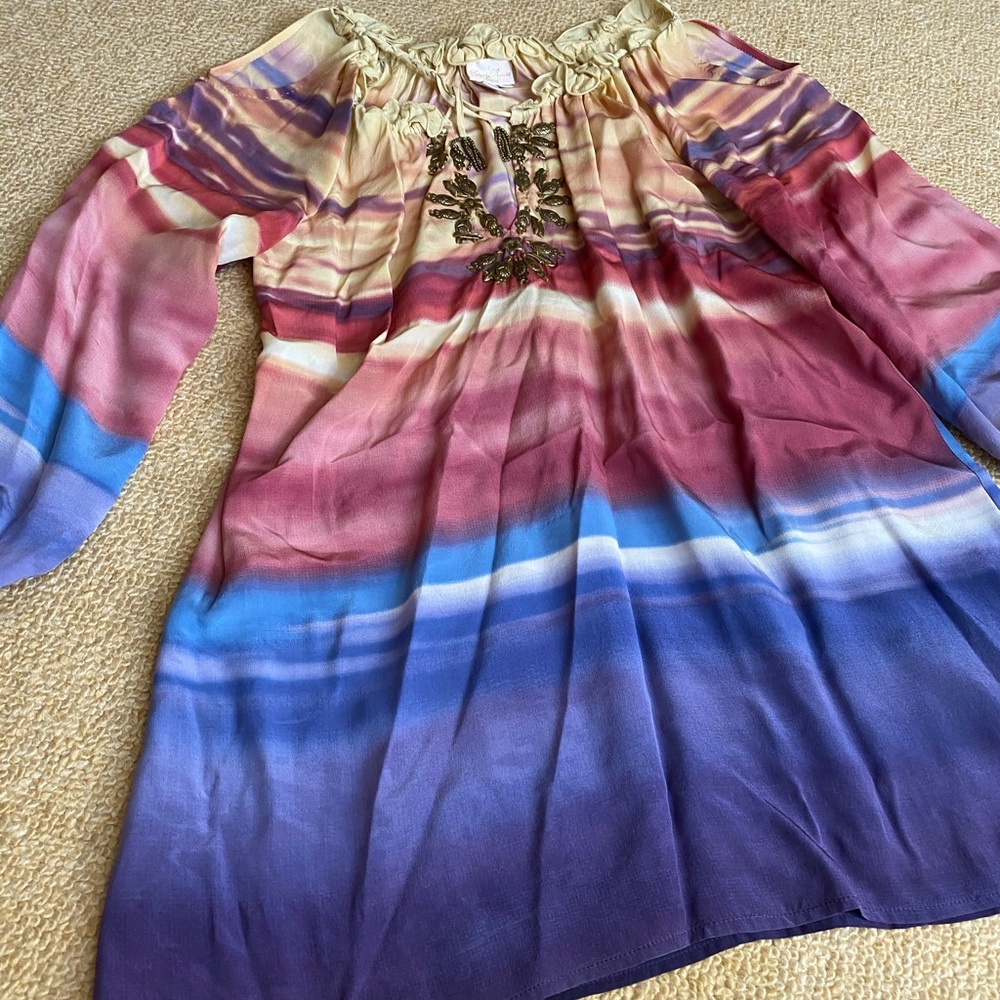 Tracy Reese silk top, cold shoulder, gold tassels